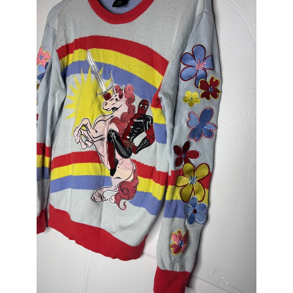 Marvel Deadpool Unicorn Rainbow Graphic Knit Sweater Mens Small Blue Red Floral - Picture 3 of 7